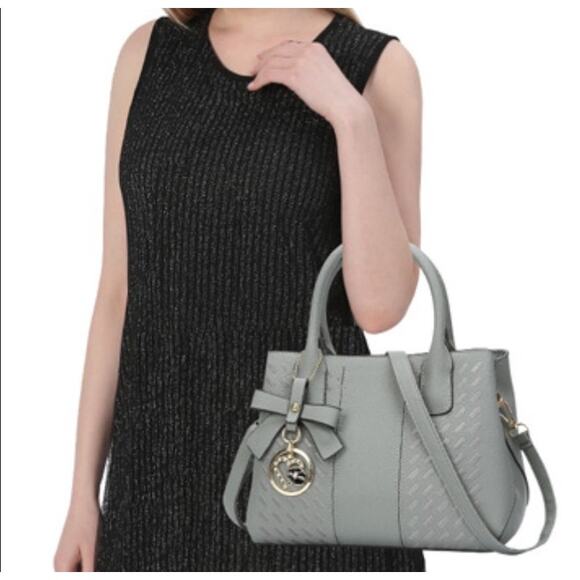 Fashion Bag Gray PU Leather Tote Detachable Crossbody Bow Purse Charm 11x8x5" - Picture 2 of 14